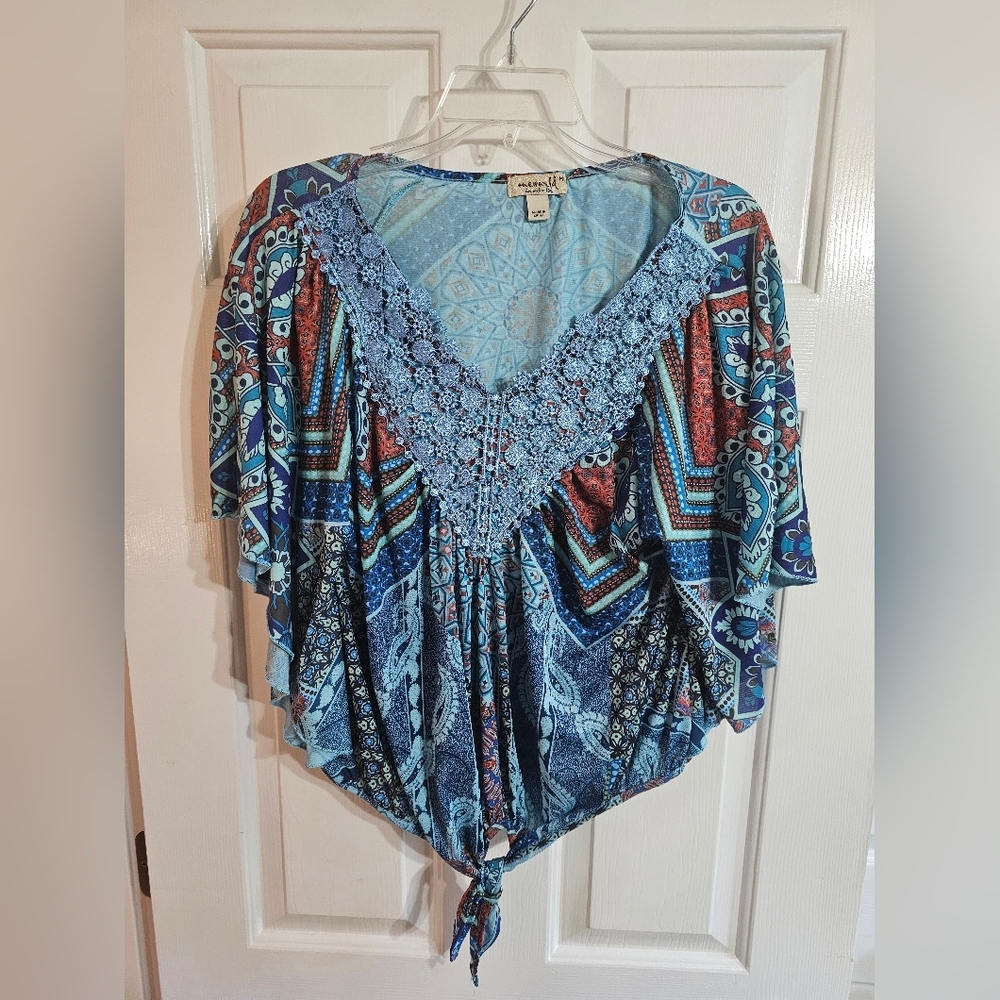 OneWorld Medium Blue Boho Patchwork Lace Tie-Fron… - image 2